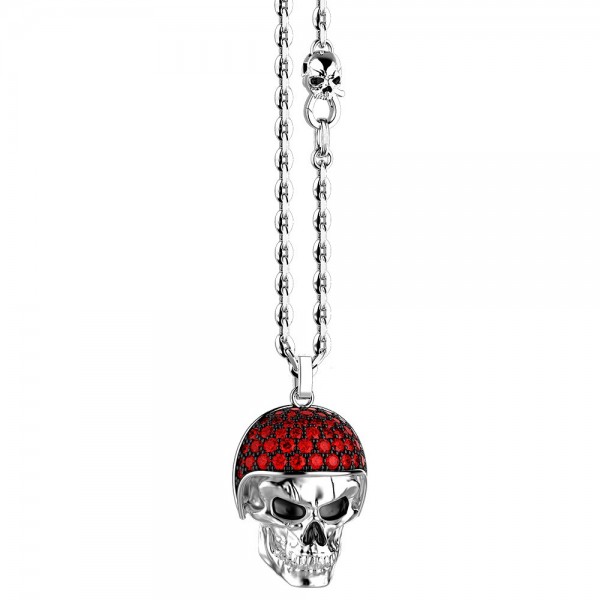 Collana Zancan in argento con pendente teschio biker con pietre rosse.
