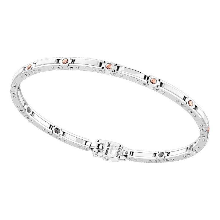 Bracciale in argento con maglie in ceramica e viti in oro.