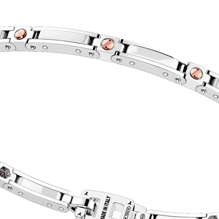 Bracciale in argento con maglie in ceramica e viti in oro.