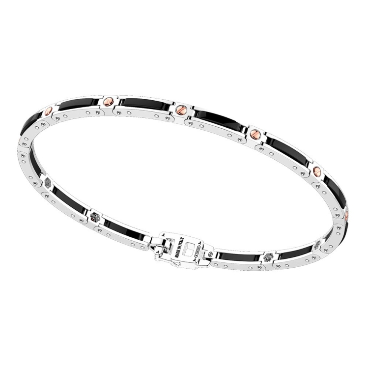 Bracciale in argento con maglie in ceramica e viti in oro.
