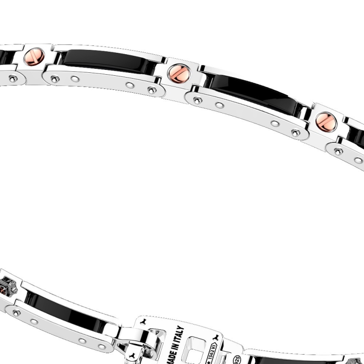Bracciale in argento con maglie in ceramica e viti in oro.