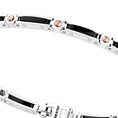 Bracciale in argento con maglie in ceramica e viti in oro.