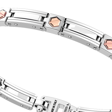 Bracciale in argento, ceramica e viti esagonali in oro.