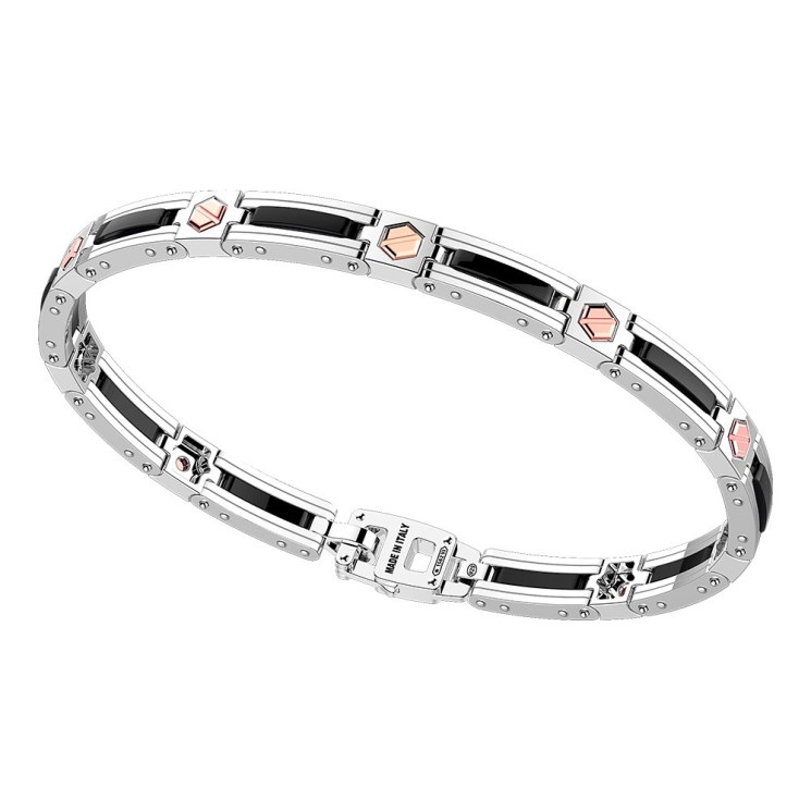 Bracciale in argento, ceramica e viti esagonali in oro.