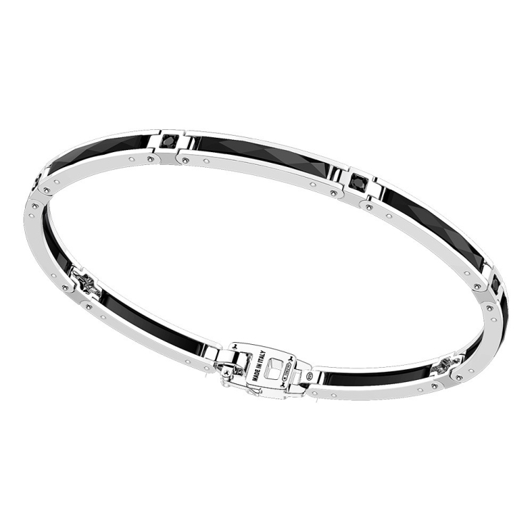 Bracciale in argento con maglie lunghe in ceramica e pietre.