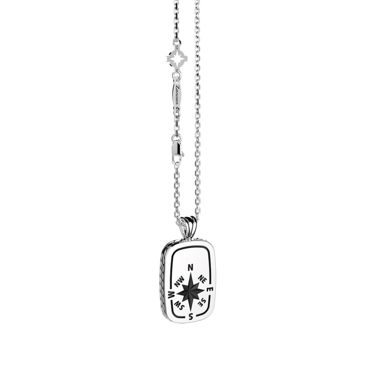 Zancan silver necklace with tag pendant and wind rose.