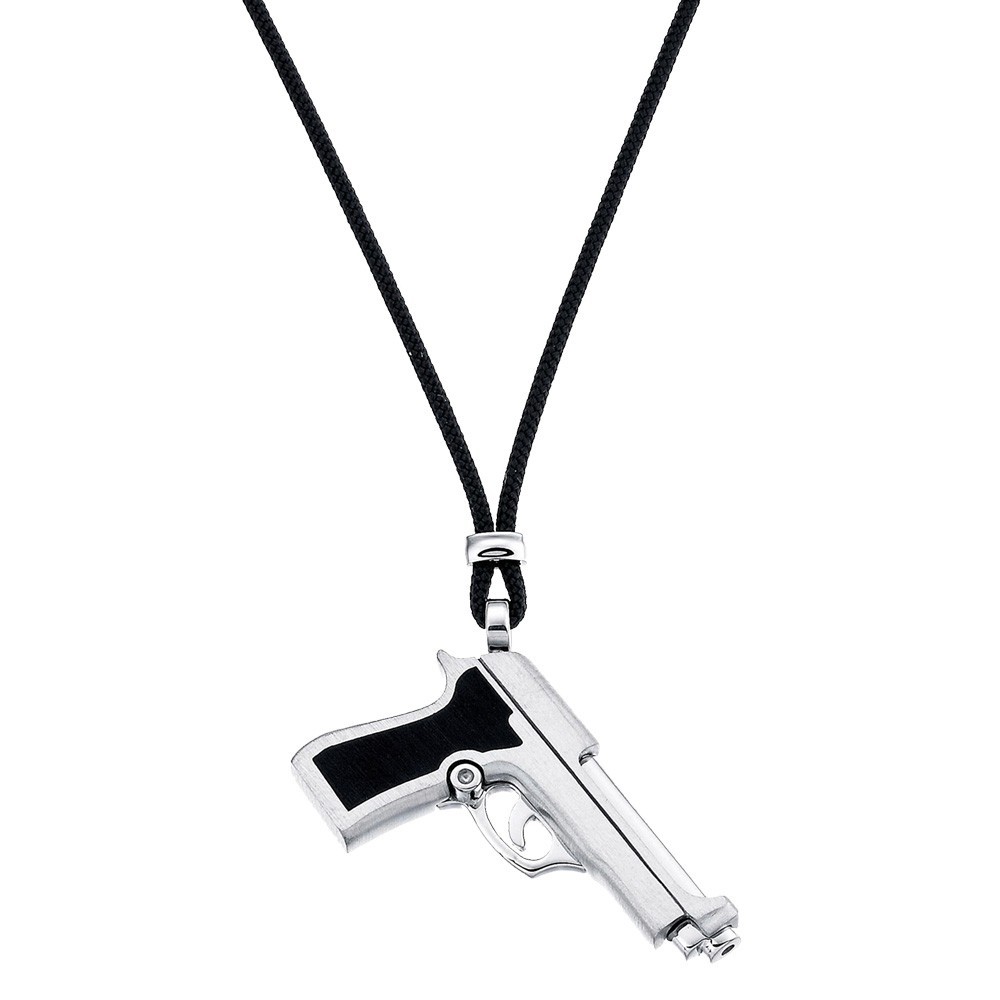 Collana con pistola in argento e kevlar nero.