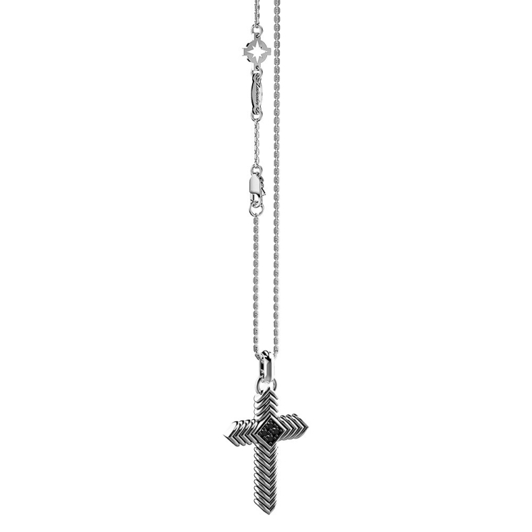 Zancan silver necklace with cross pendant and black stones.