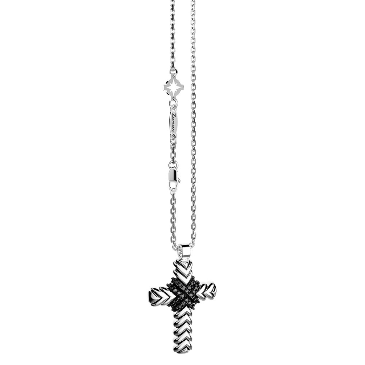 Collana Zancan in argento con pendente a croce e pietre nere.