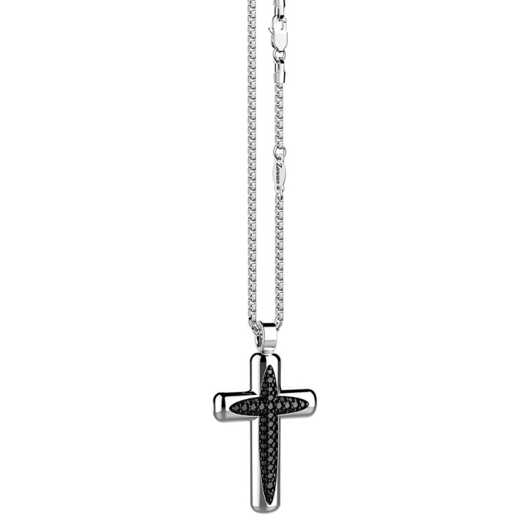 Collana Zancan in argento con pendente a croce e pietre nere.