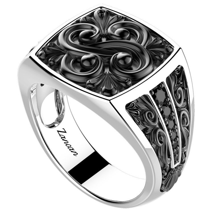 Anello chevalier Zancan in argento e pietre nere.