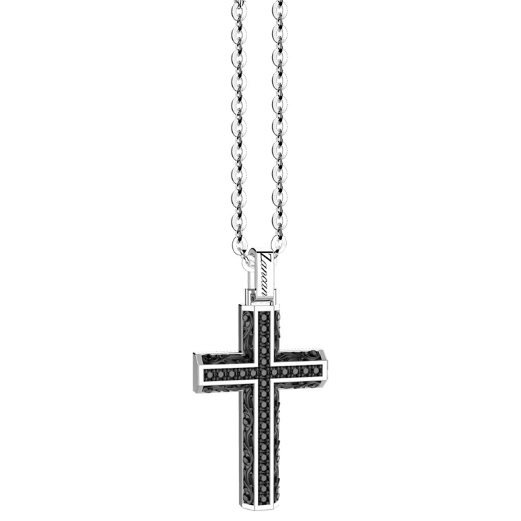 Collana Zancan in argento con pendente a croce e pietre nere.