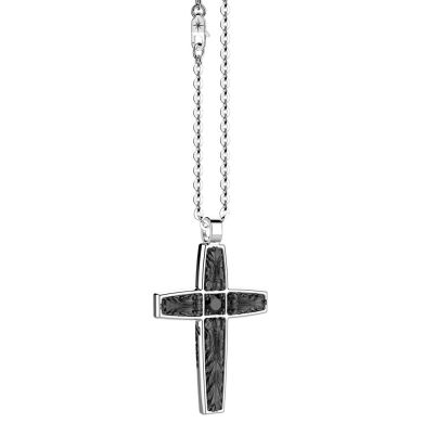 Zancan silver necklace with cross pendant and black stones.