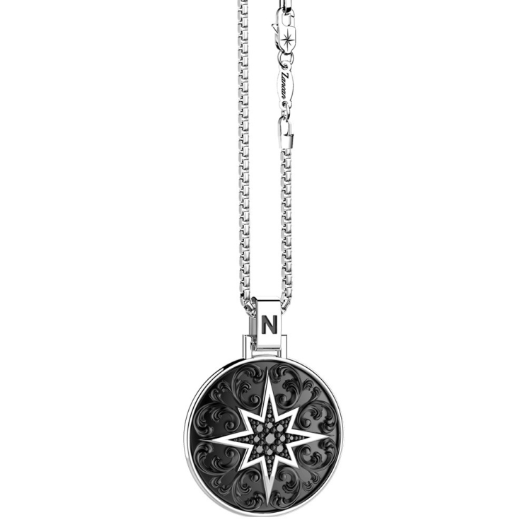 Collana Zancan in argento con pendente a rosa dei venti e pietre nere.