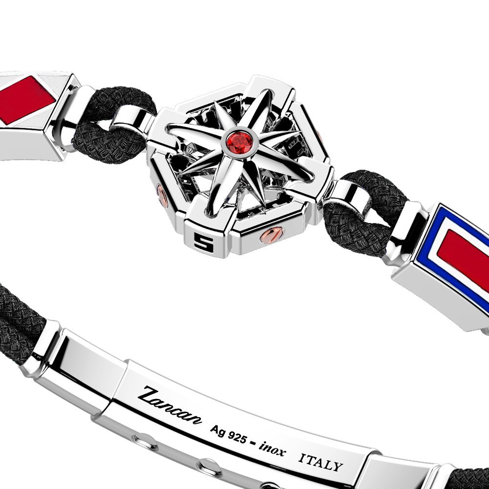 Bracciale in argento e silicone nero con dettagli in oro e smalto.