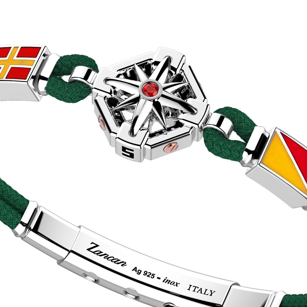 Bracciale in argento e silicone nero con dettagli in oro e smalto.