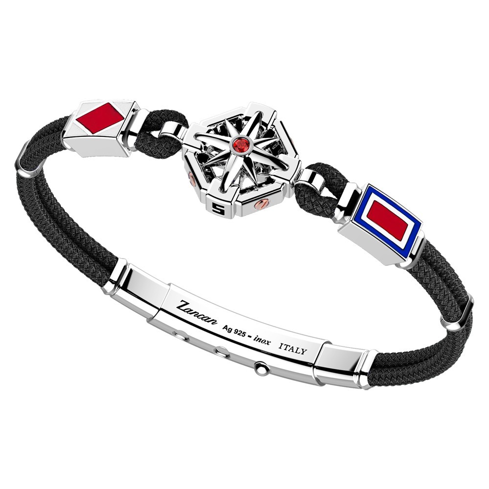 Bracciale in argento e silicone nero con dettagli in oro e smalto.