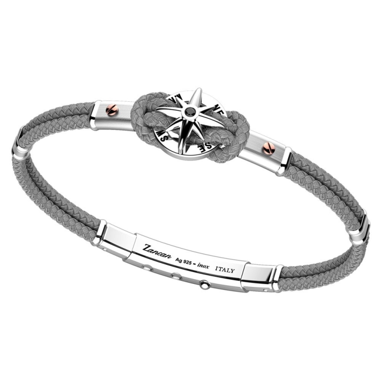 Bracciale in kevlar, argento e oro rosa con rosa dei venti.