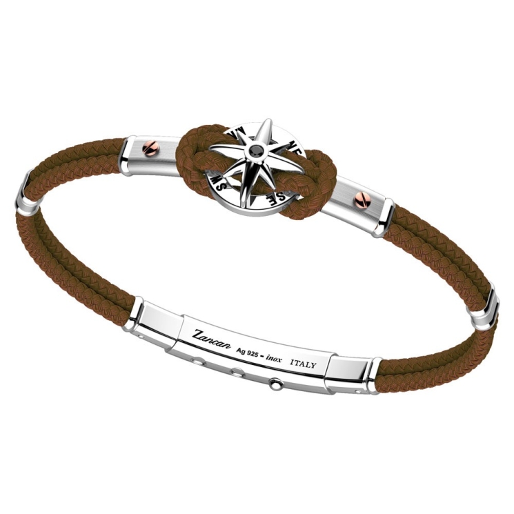 Bracciale in kevlar, argento e oro rosa con rosa dei venti.
