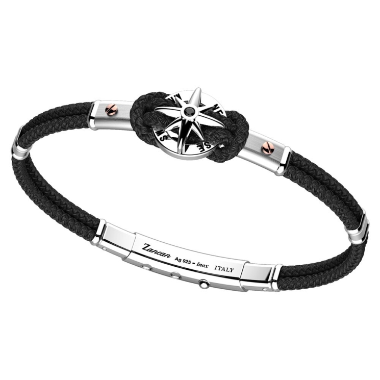 Bracciale in kevlar, argento e oro rosa con rosa dei venti.
