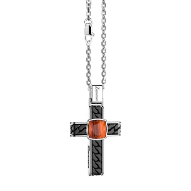 Collana in argento con pendente a croce e occhio di tigre quadrata.