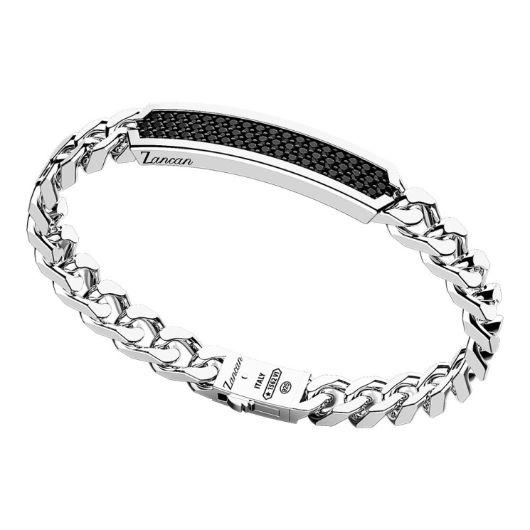 Bracciale con groumette in argento, piastra centrale con spinelli neri.