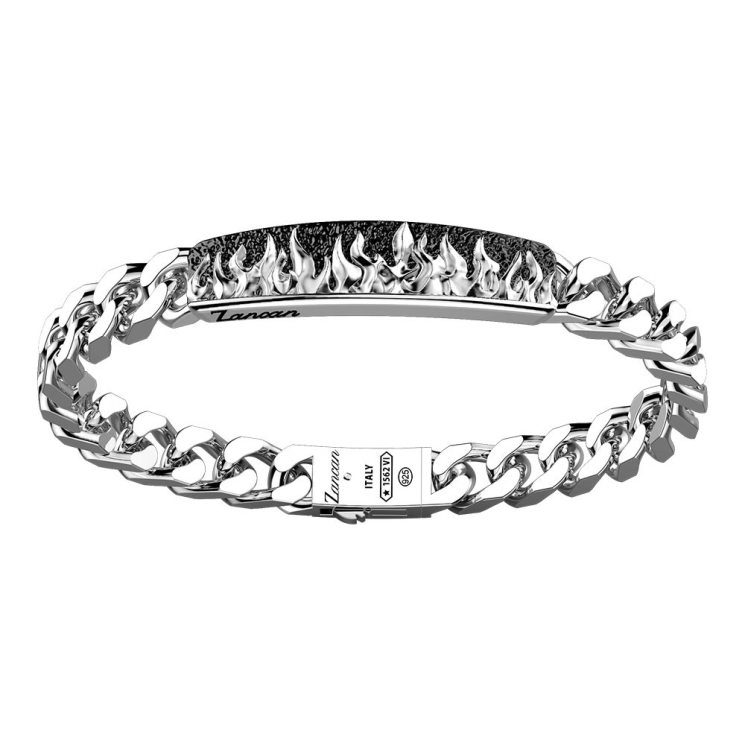 Bracciale con groumette in argento e piastra centrale motivo fiamme.
