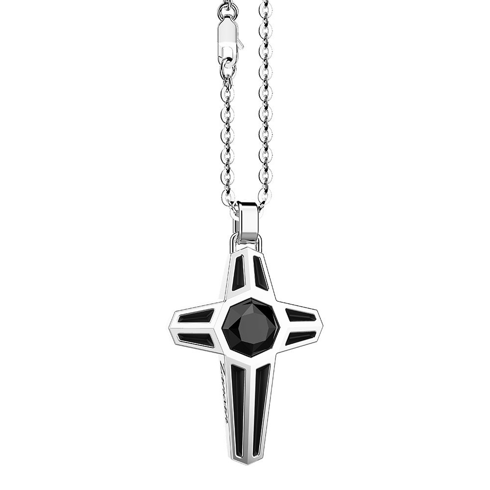 Silver necklace with cross pendant and central onyx stone.