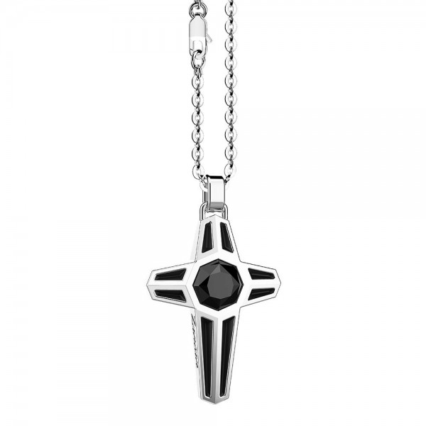 Silver necklace with cross pendant and central onyx stone.