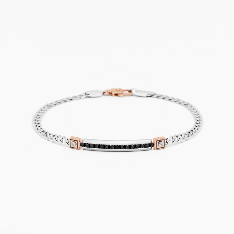 Bracciale da uomo in oro bianco con piastra centrale in diamanti neri.