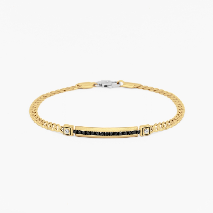 Bracciale da uomo in oro giallo con piastra centrale in diamanti neri.