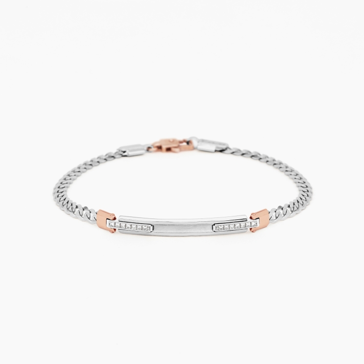 Bracciale da uomo in oro bianco con piastra centrale e diamanti laterali bianchi.