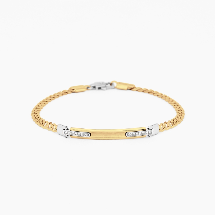 Bracciale da uomo in oro giallo con piastra centrale e diamanti laterali bianchi.