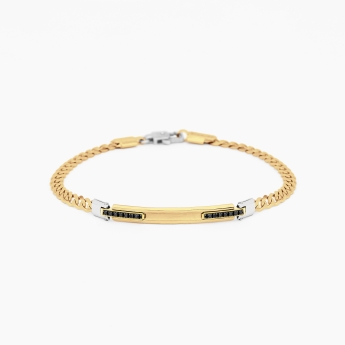 Bracciale da uomo in oro giallo con piastra centrale e diamanti laterali neri.