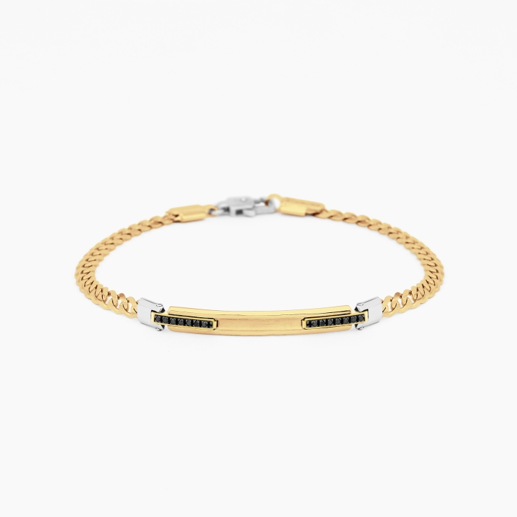 Bracciale da uomo in oro giallo con piastra centrale e diamanti laterali neri.