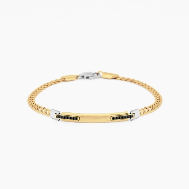 Bracciale da uomo in oro giallo con piastra centrale e diamanti laterali neri.