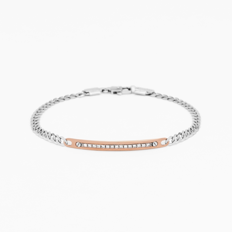 Bracciale da uomo in oro bianco con piastra centrale in diamanti bianchi.