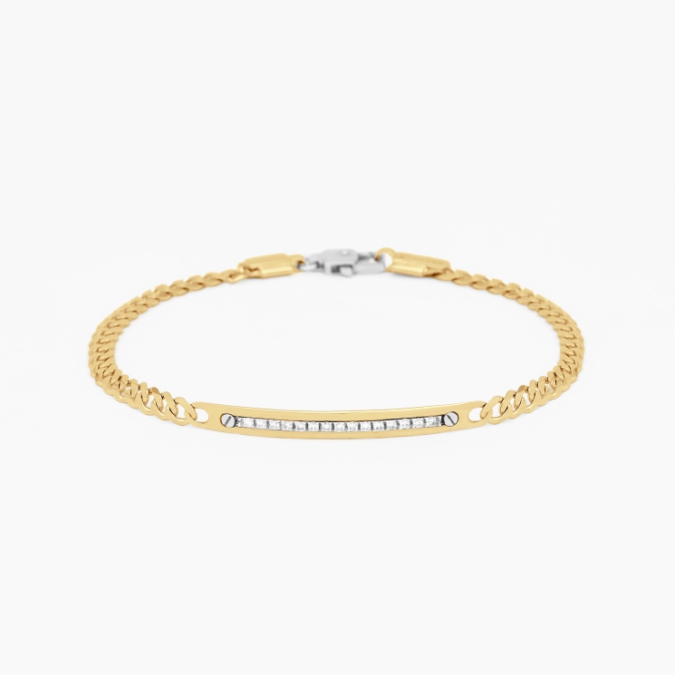 Yellow gold men's bracelet, embellished with a plate with diamonds.