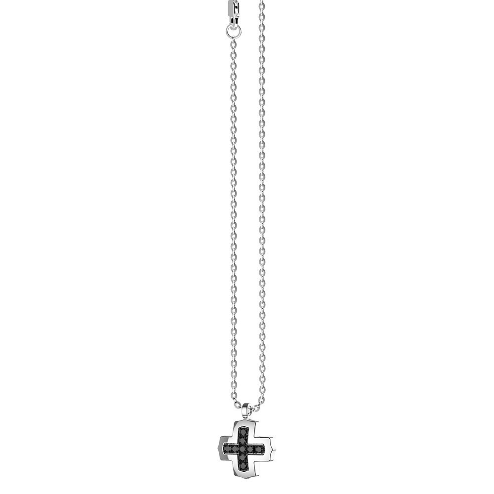 Collar Zancan de plata con colgante de cruz griega y piedras negras.