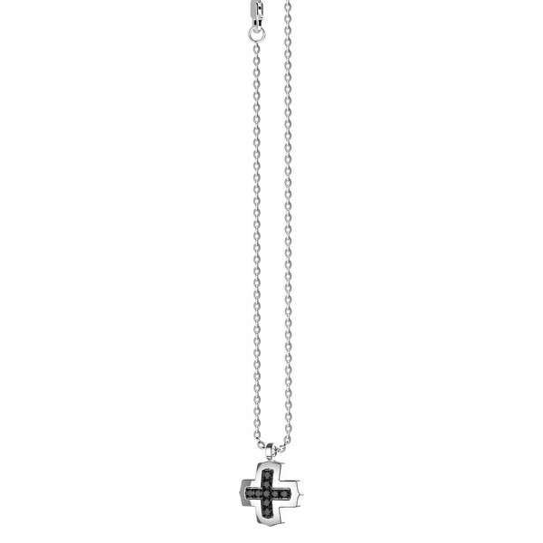Collar Zancan de plata con colgante de cruz griega y piedras negras.