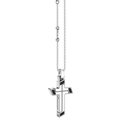 Zancan silver necklace with cross pendant and black stones.