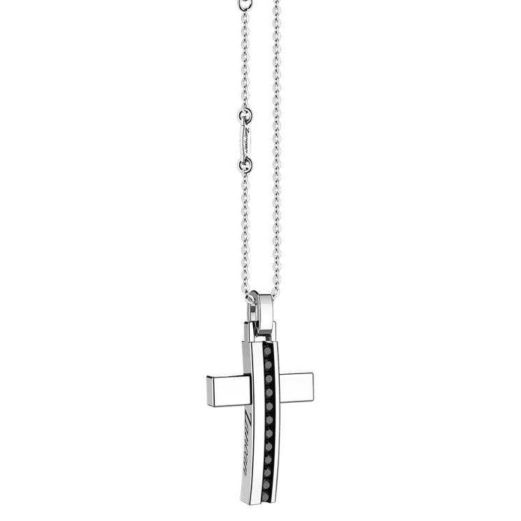 Collana Zancan in argento con pendente a croce e pietre nere.