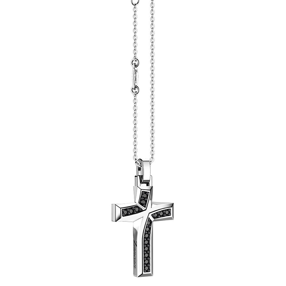 Zancan silver necklace with cross pendant and black stones.