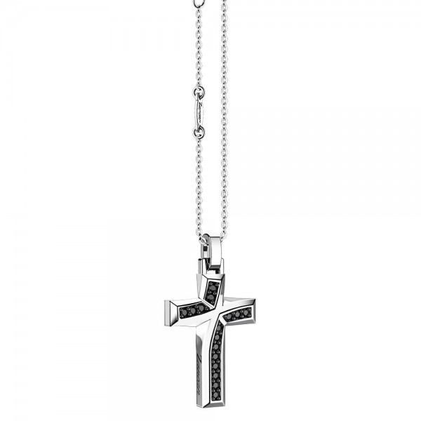 Zancan silver necklace with cross pendant and black stones.