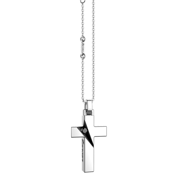 Zancan silver necklace with cross pendant and black stones.
