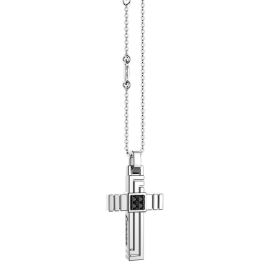 Collana Zancan in argento con pendente a croce e pietre nere.