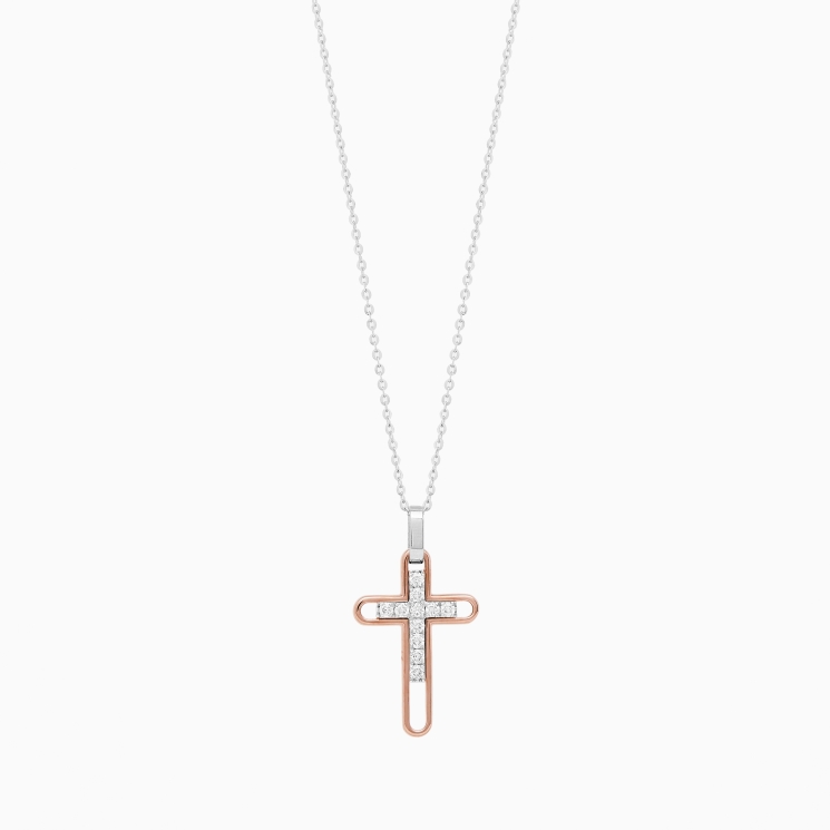 Gold men's necklace with cross pendant studded sapphire.