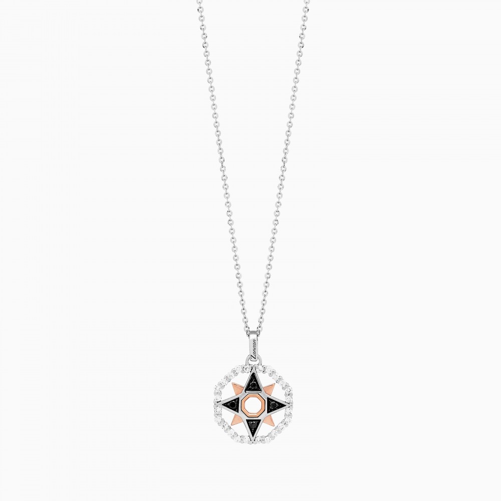 Collana da uomo con pendente in oro bianco, icona rosa dei venti.