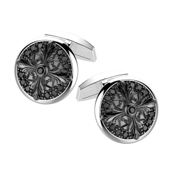 Zancan burnished silver circular cufflinks with black stones.