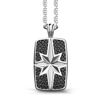 Zancan silver necklace with tag and black stones.